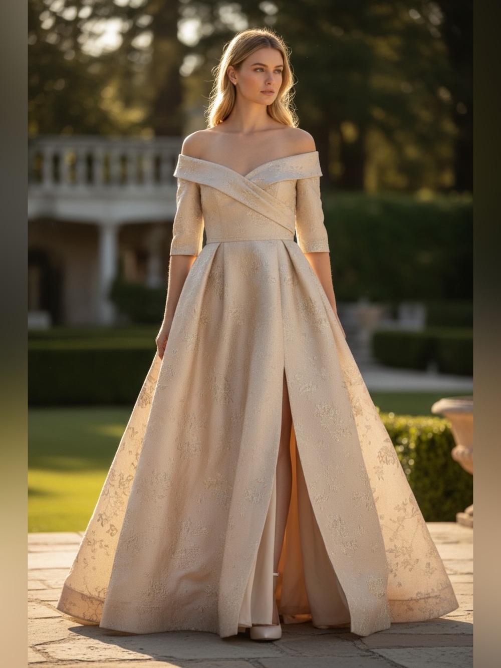 Rickie Freeman For Teri Jon New Off Shoulder Jacquard Gown In Ivory Gold Size 12